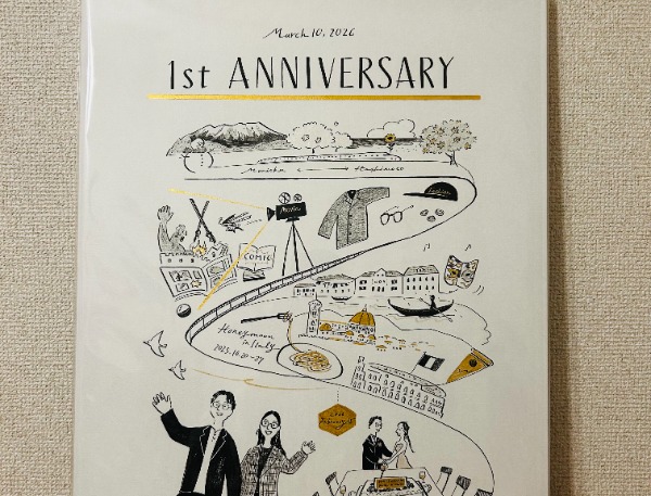 この度は素敵な作品をありがとうございます。

結婚1周年の紙婚式。

紙に纏わるものでお祝いしようと
探している中で見つけたancoさんの作品。

細部にまでこだわって
私たちの思い出を表現してくださり、
とても感動しました！

この先何年経っても、
家に飾ってあるこの絵を見て
こんなことがあったねと
笑い合える二人でいたいなと思います。

本当にありがとうございました！