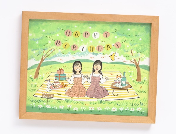 とても素敵な似顔絵をありがとうございました。
親友への誕生日プレゼントにと、お願いしました。
渡す前に、一足先に拝見しましたが、
見た瞬間にとても笑顔になるようなかわいらしい雰囲気の絵でとても明るい気持ちになりました。
親友に渡すのも楽しみになりました。
ありがとうございました。